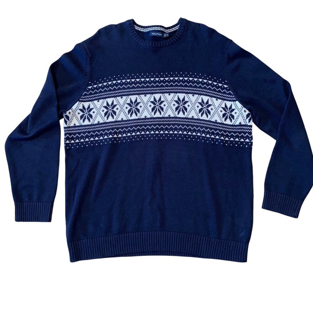 Nautica Pullover Crewneck Chunky Grandpa Dad Sweater Navy Blue and white sz XXL